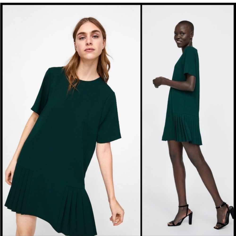 ZARA- Hunter Green Short Sleeve Crew Neck Pleated Hem Shift Dress Medium